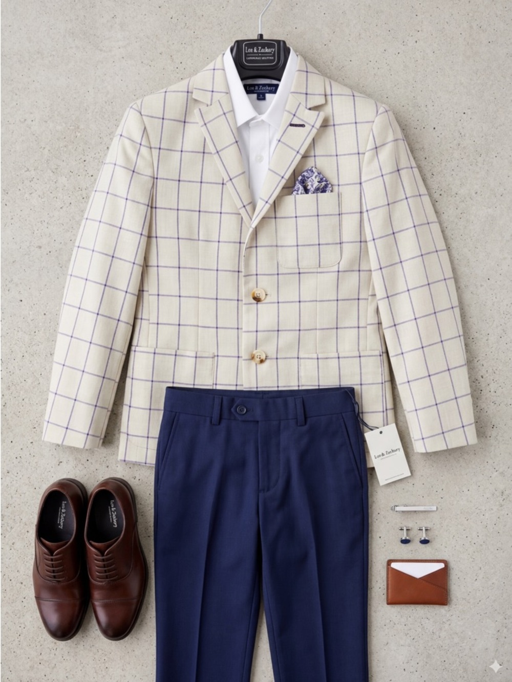 Leo & Zachary Boy's 2-Piece Suit - Beige & Blue Windowpane - Size 8 - EUC
